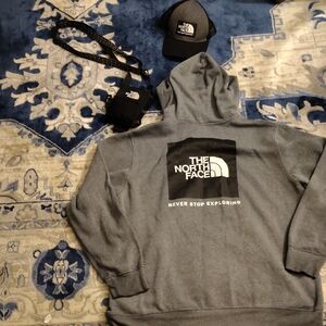 The North Face Charcoal Hoodie And Cap Set with Logo.  Shoulder Pouch Included